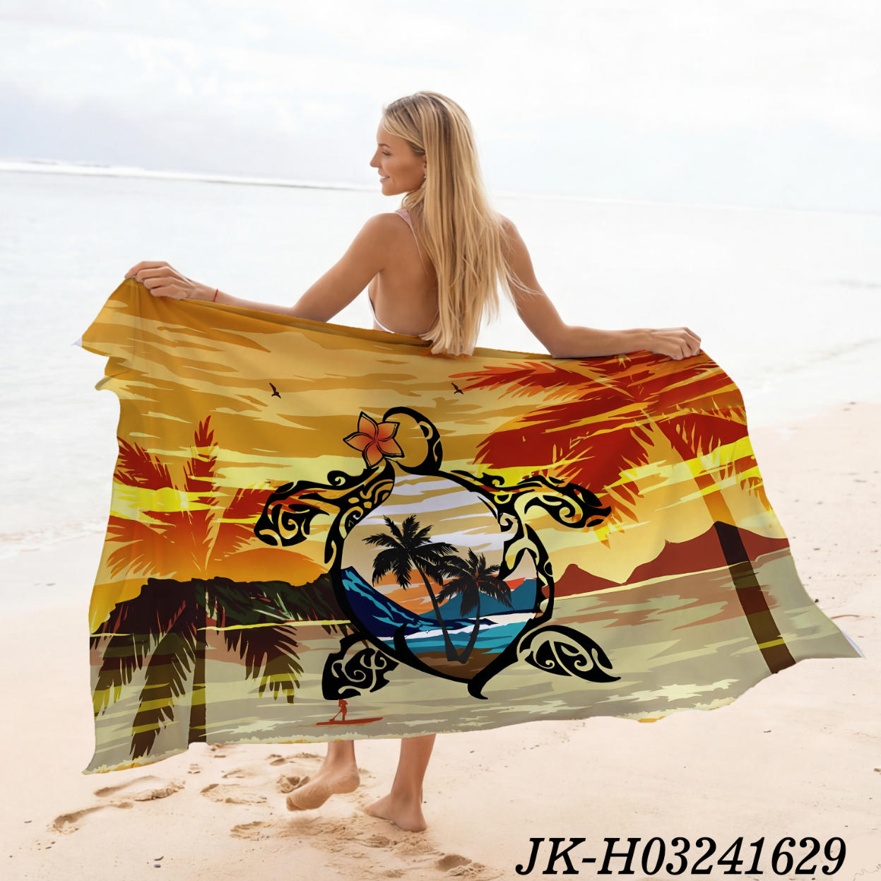 暖橙黄 动物印花夏威夷巴厘岛纱笼披肩|带流苏的蜡染海滩罩衫-200x114厘米