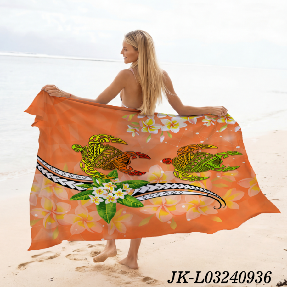 珊瑚橙 动物印花夏威夷巴厘岛纱笼披肩|带流苏的蜡染海滩罩衫-200x114厘米