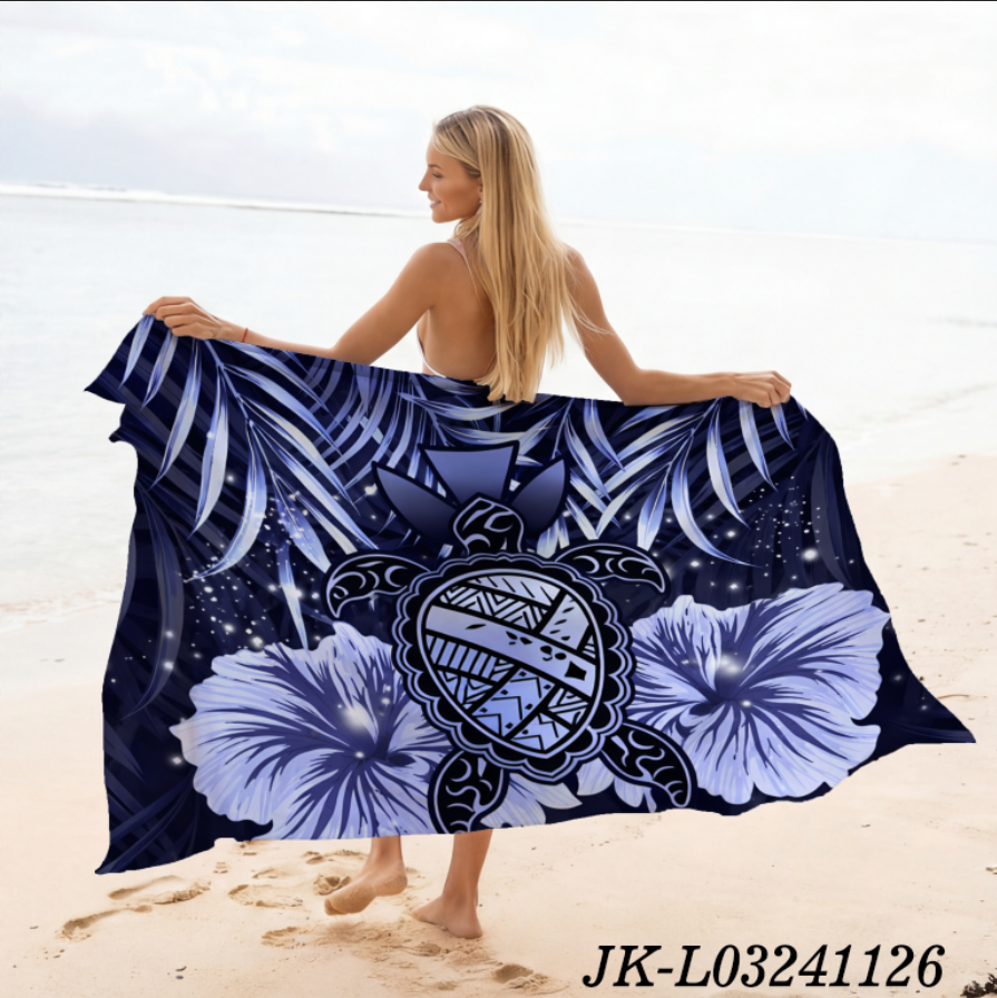 藏青星空黑 动物印花夏威夷巴厘岛纱笼披肩|带流苏的蜡染海滩罩衫-200x114厘米