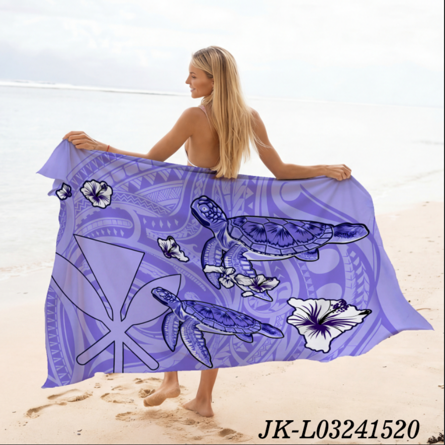 薰衣草紫 动物印花夏威夷巴厘岛纱笼披肩|带流苏的蜡染海滩罩衫-200x114厘米