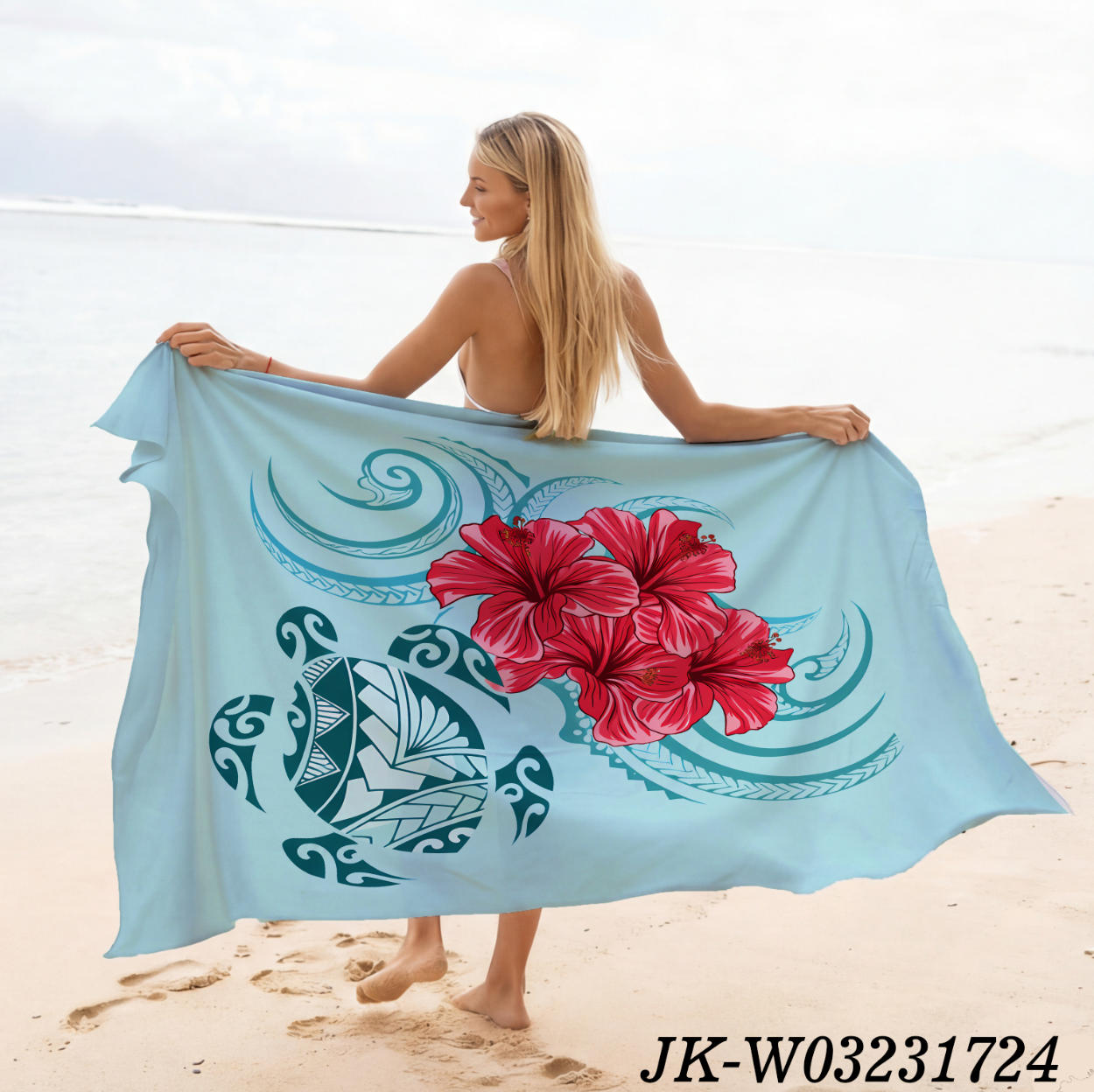 薄荷蓝 动物印花夏威夷巴厘岛纱笼披肩|带流苏的蜡染海滩罩衫-200x114厘米