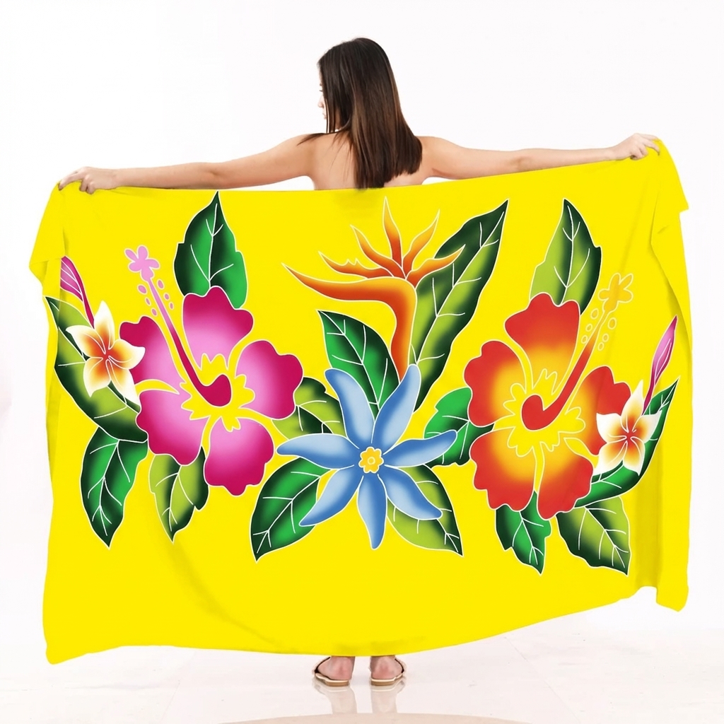 亮黄色 花卉手绘款 — 夏威夷巴厘纱笼 蜡染沙滩裹裙 密拷锁边 — 200×114cm