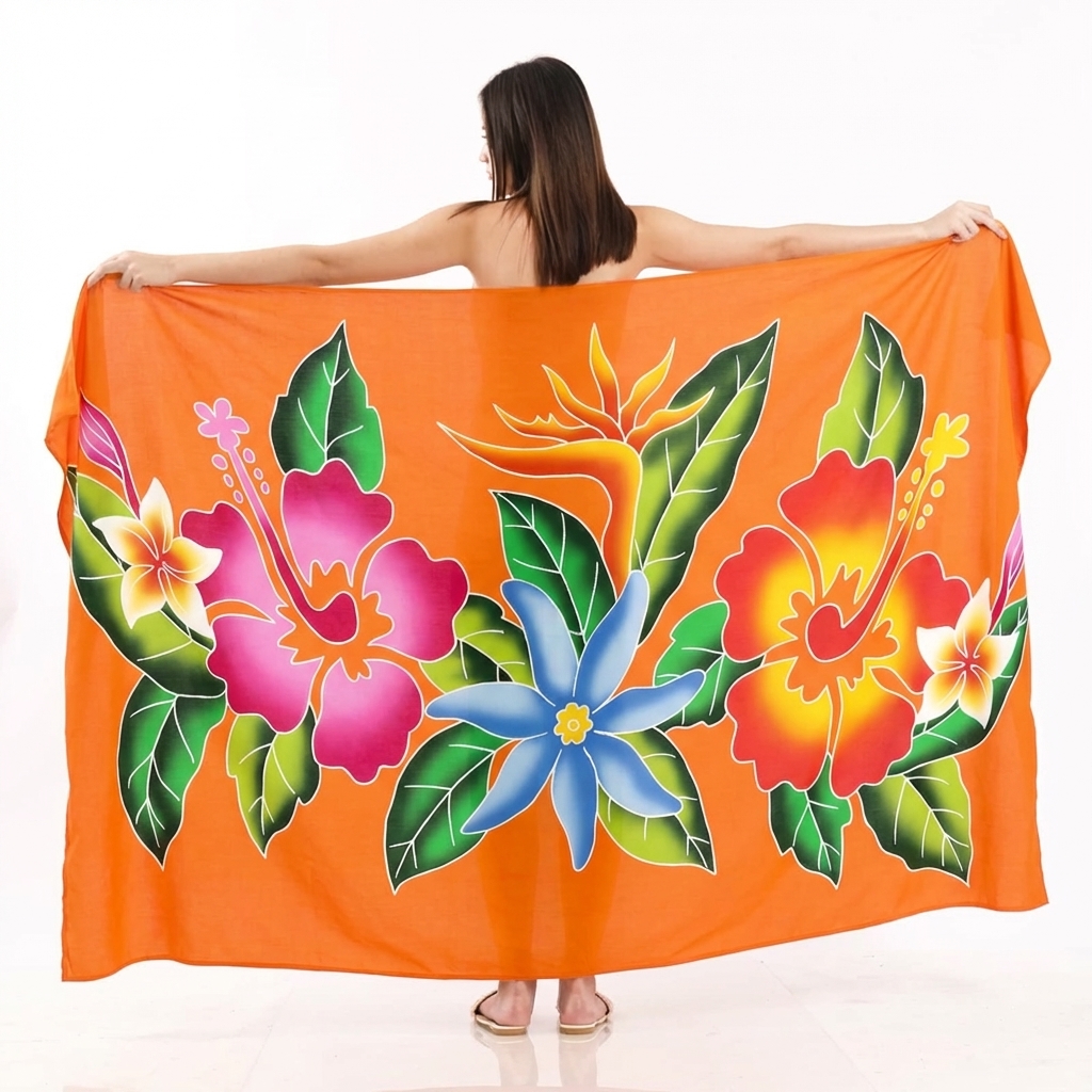亮橙色 花卉手绘款 — 夏威夷巴厘纱笼 蜡染沙滩裹裙 密拷锁边 — 200×114cm