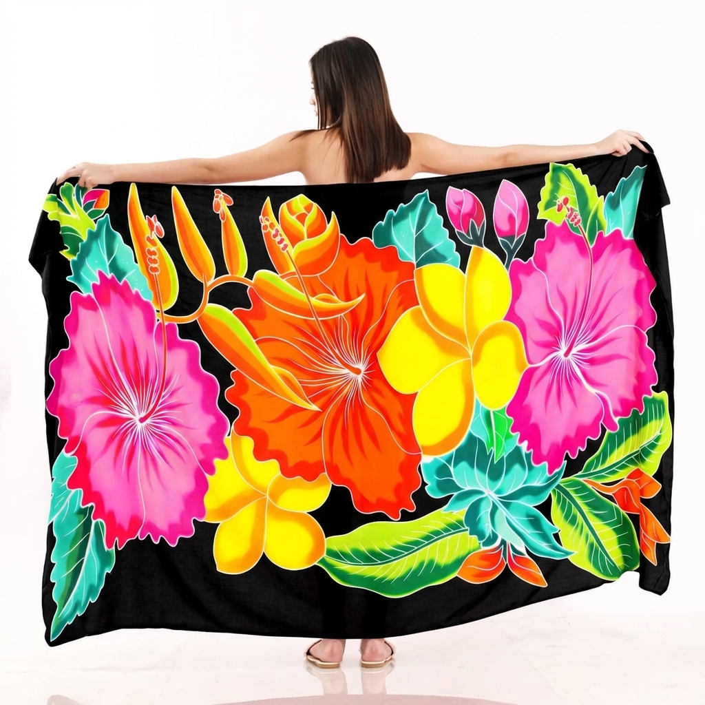 纯黑色 花卉手绘款 — 夏威夷巴厘纱笼 蜡染沙滩裹裙 密拷锁边 — 200×114cm