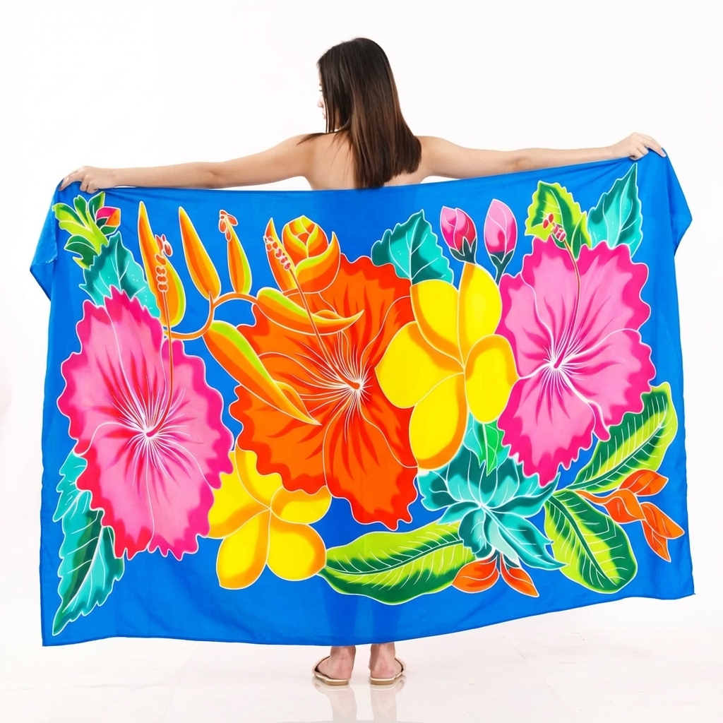 宝蓝色 花卉手绘款 — 夏威夷巴厘纱笼 蜡染沙滩裹裙 密拷锁边 — 200×114cm