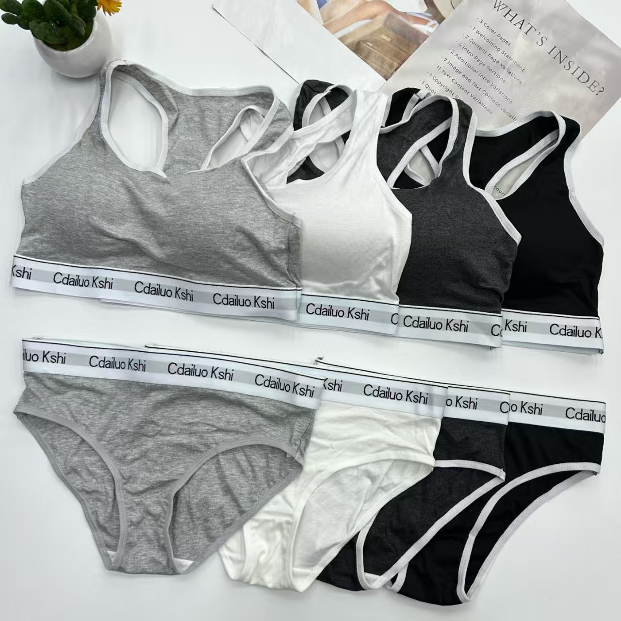 外贸出口欧美非洲现货背心式内衣套装带胸垫运动美背无钢圈。