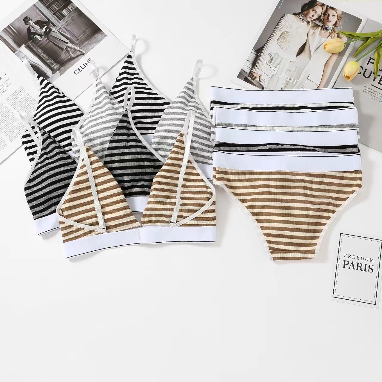 外贸三角杯内衣女薄款撞色条纹美背套装性感运动文胸三角裤套装女