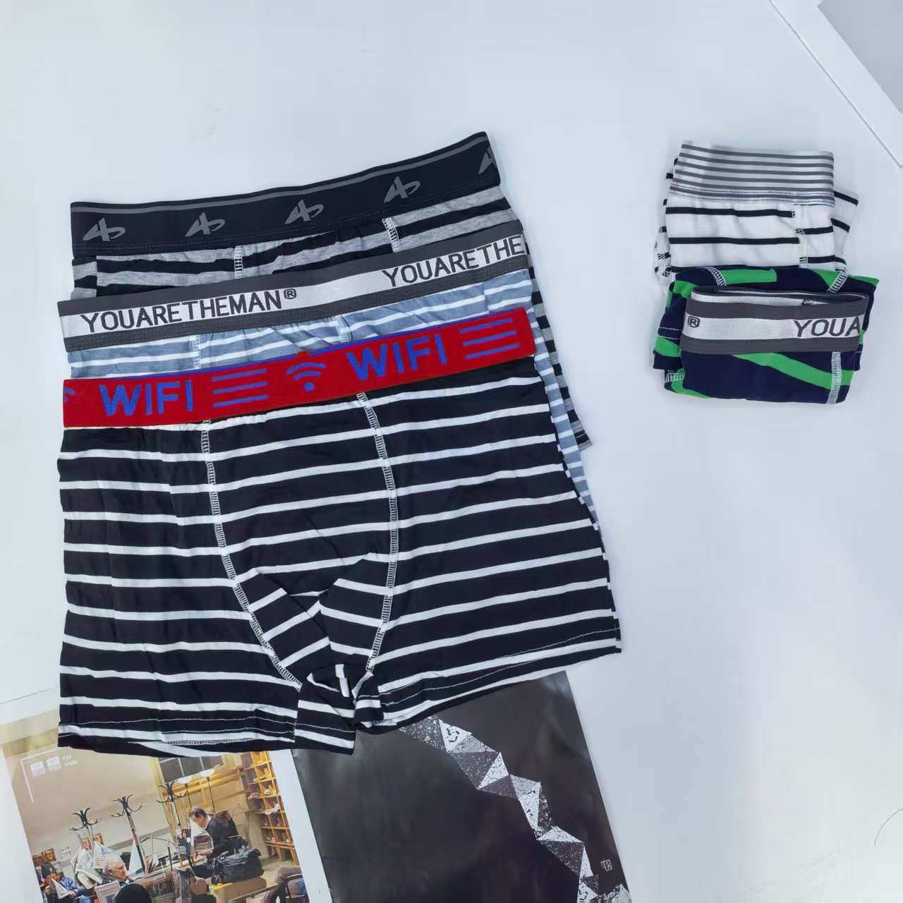 男士内裤外贸出口中东非洲男士条纹印花内裤撞色腰头纯棉平角内裤