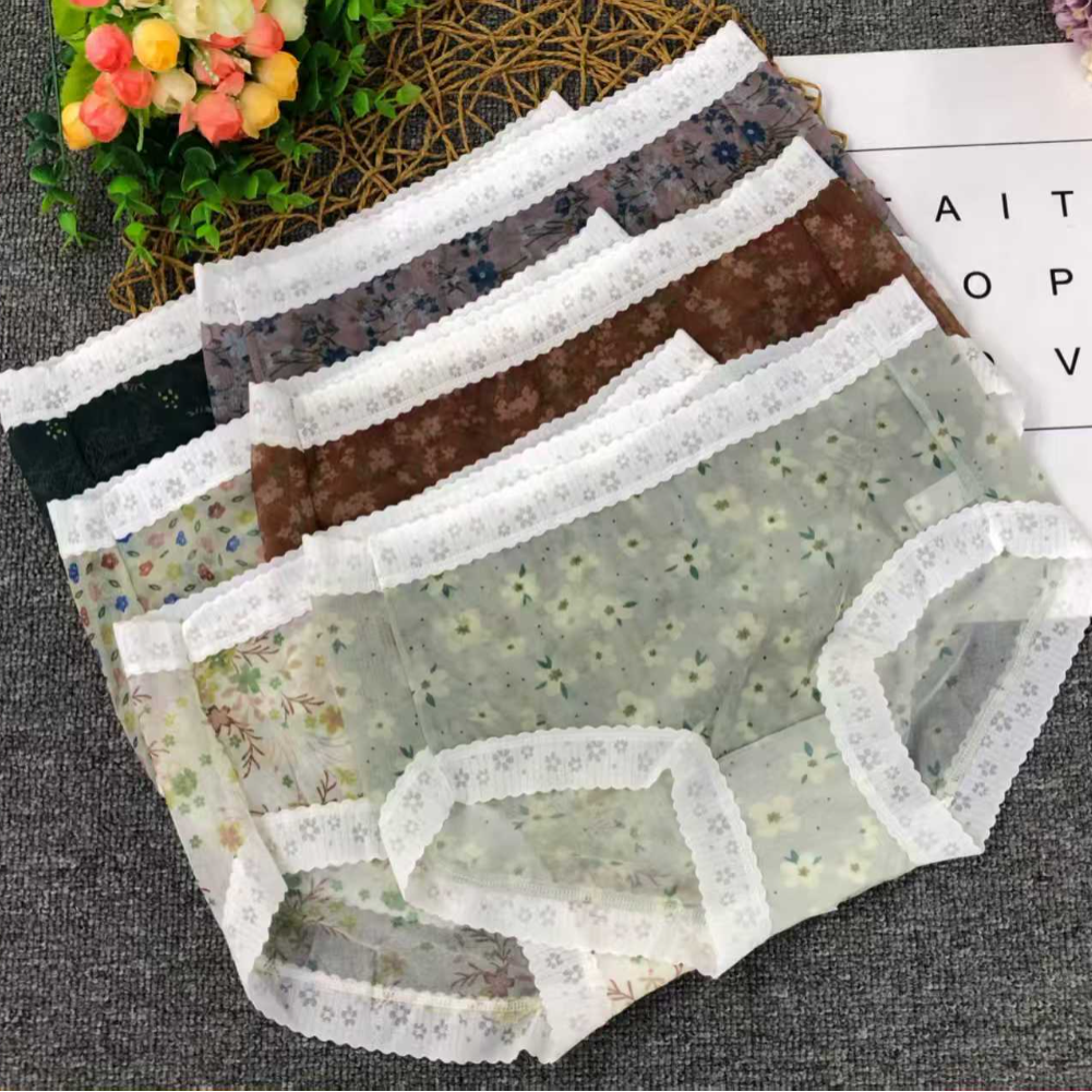 外贸网纱薄款女士中腰内裤大码性感碎花少女内裤裸感三角内裤
