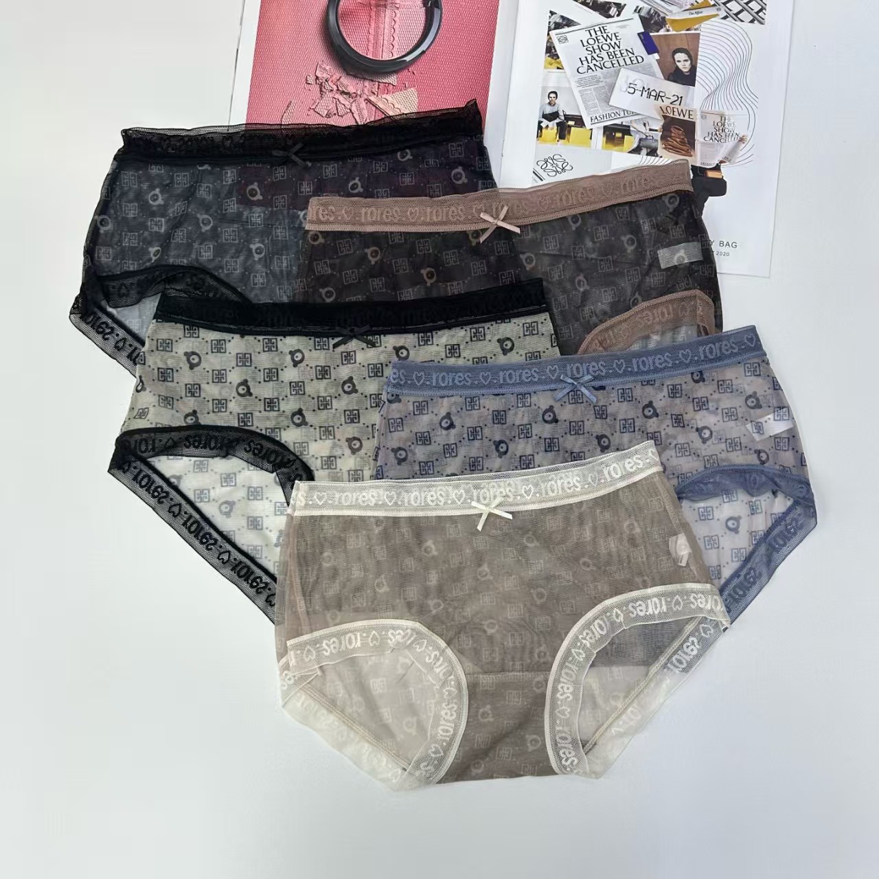 外贸出口欧美非洲现货库存女士内裤网纱带印花腰头撞色带蝴蝶结。