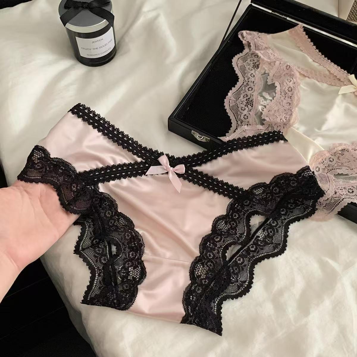 法式性感缎面轻氧蕾丝内裤女宫廷风蕾丝纯欲纯棉档低腰女士三角裤