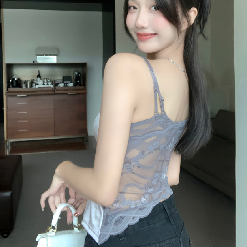 性感法式丝丝眷恋洋气内搭丝绒拼接蕾丝荋胸垫抹胸吊带库存背心