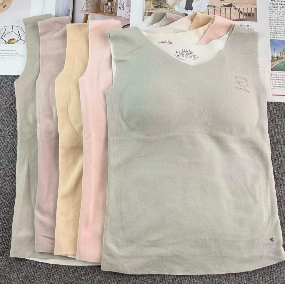 外贸出口尾货保暖内衣德绒保暖内衣固定杯胸垫保暖背心女磨毛内衣