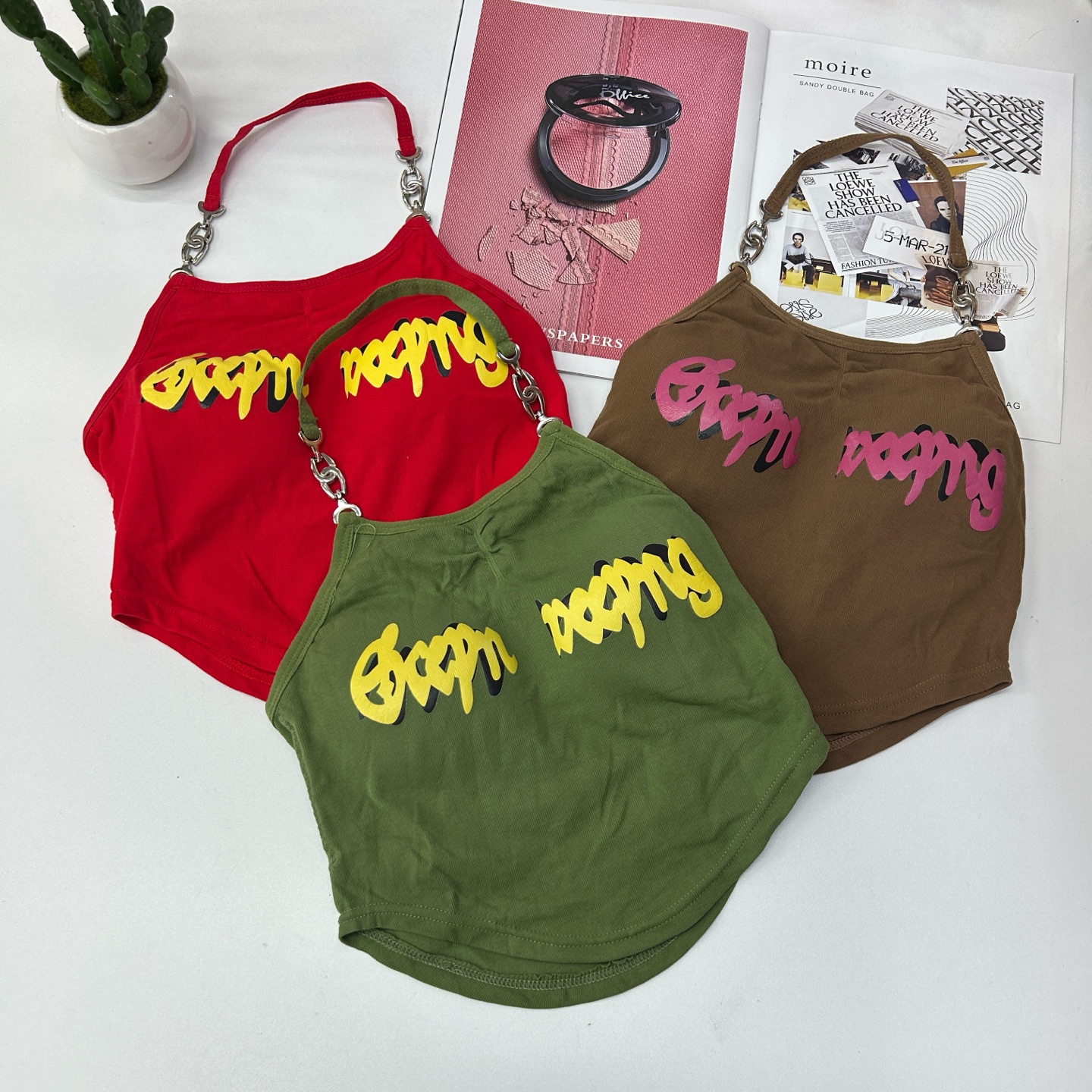 外贸现货设计感字母印花辣妹挂脖背心锦纶短款时尚不规则吊带背心