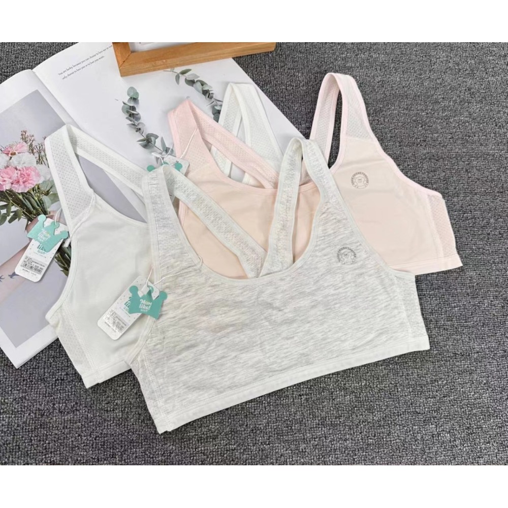 外贸出口库存纯色带小印花式少女背心发育期防凸点透气网孔的背带