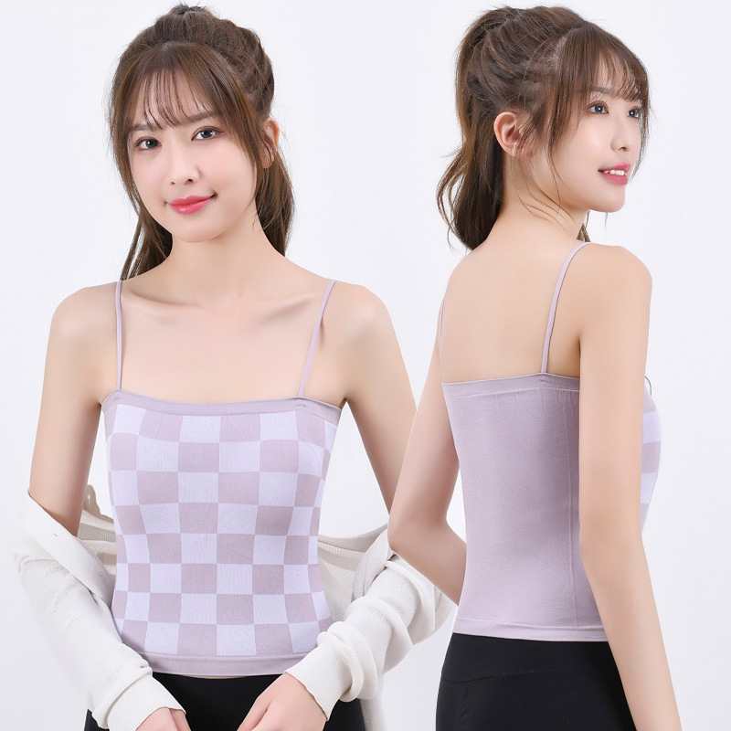库存小吊带背心女内搭带胸垫裹胸打底衫辣妹短款棋盘格子性感吊带