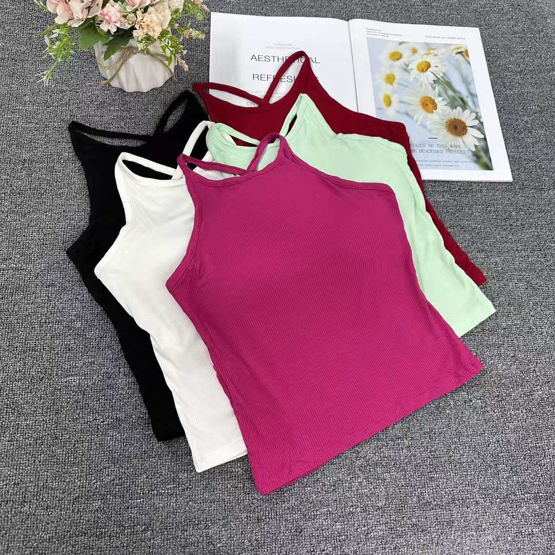 外贸螺纹棉吊带背心带胸垫一体美背吊带，性感小心机露背设计上衣